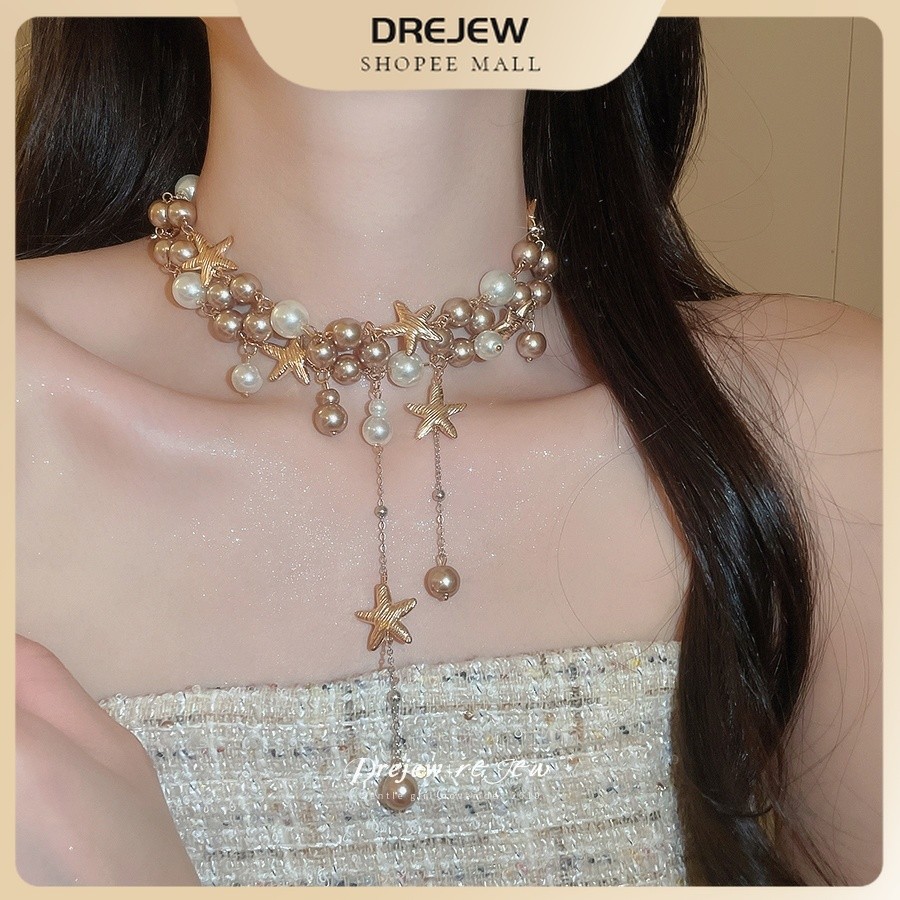 DREJEW Ocean สไตล์ปลาดาว Faux Pearl Choker พู่ Drop ออกแบบหวานและสง่างามคออุปกรณ์เสริมสําหรับผู้หญิงสวมใส่ทุกวัน
