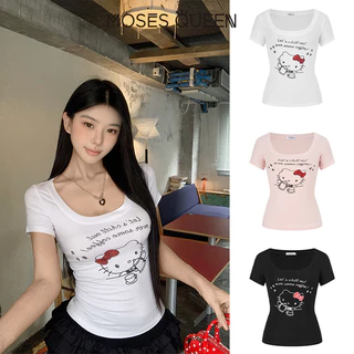 MOSESQUEEN เสื้อยืดแขนสั้นคอวีเผ็ด KT cat ทรงสวปท์สไตล์อเมริกัน ทรงเข้ารูป ทรงเข้ารูป ทรงเข้ารูป เอว-cinching top #63753