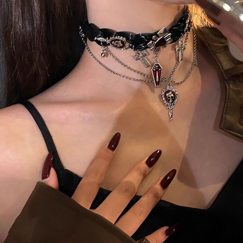 Choker สไตล์โกธิค Yabi สร้อยคอหนังหญิง y2k Dark Punk Gothic สร้อยคอ Skull สร้อยคอ 7.13