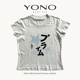 (พร้อมส่ง24ชม.) YONO baby tee สีขาว ลายดาวลายตารางและตัวอักษรญี่ปุ่น ทรงเข้ารูป ลุคเกาหลี y2k