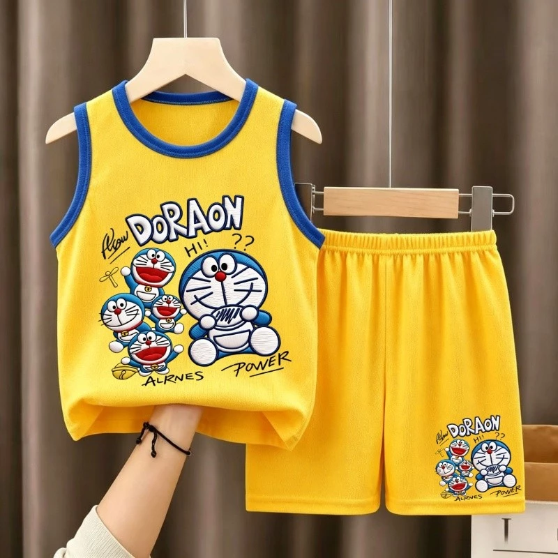 【จัดส่งไทย】2ชิ้น BOB ชุดเสื้อไร่กางเกงสั้น Doraemon ลายสกรีนการ์ตูน คอตตอนผสม ชุดฤดูร้อนใหม่ ใส่สบาย ไม้ยับ 3-10 ปี#1