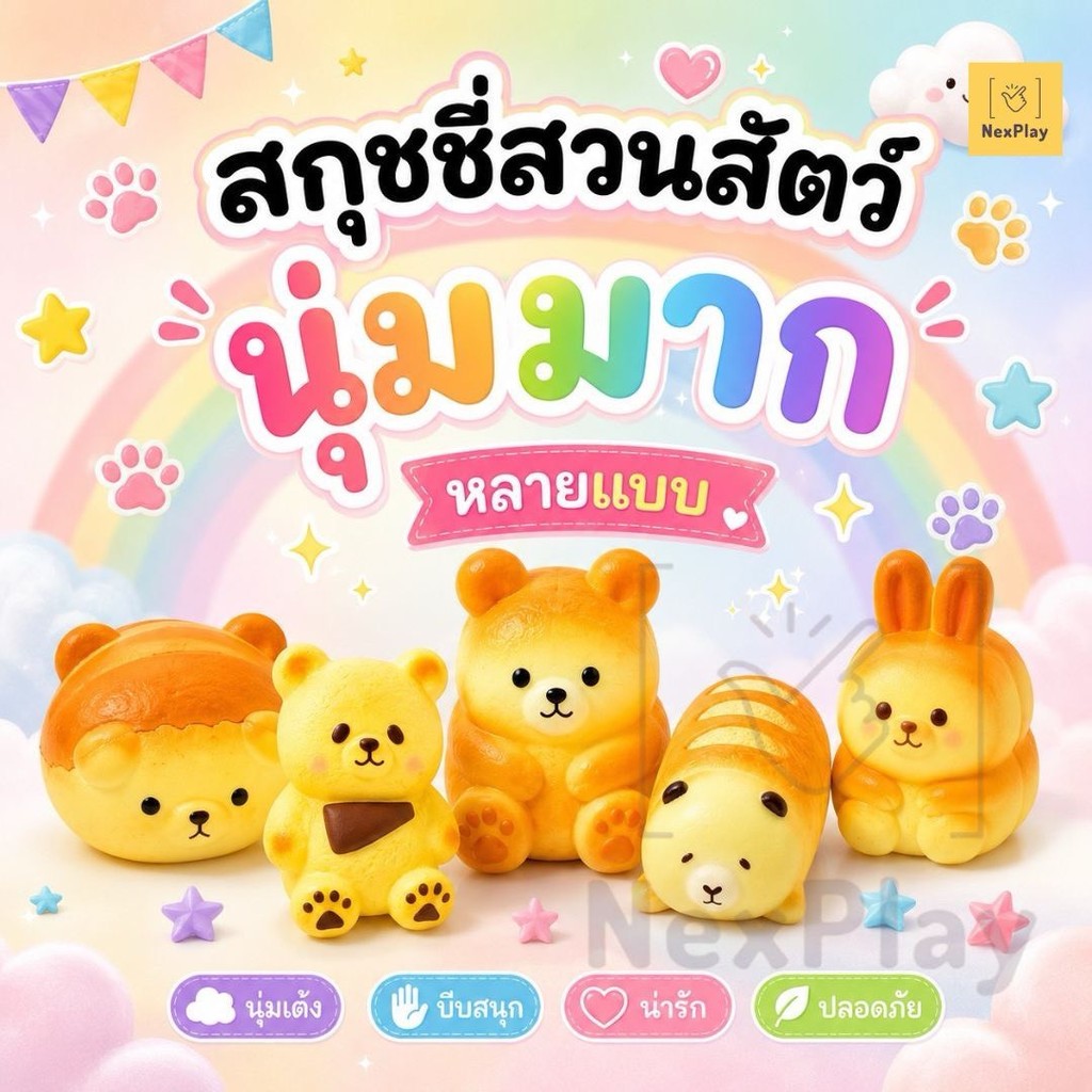 Squishy สกุชชี่ขนมปัง คอลเลกชันสัตว์การ์ตูน เนื้อนุ่ม Slow Rising บีบฟิน คืนตัวช้า ลายสุดคิวท์ หลายแบบ ส่งในไทย