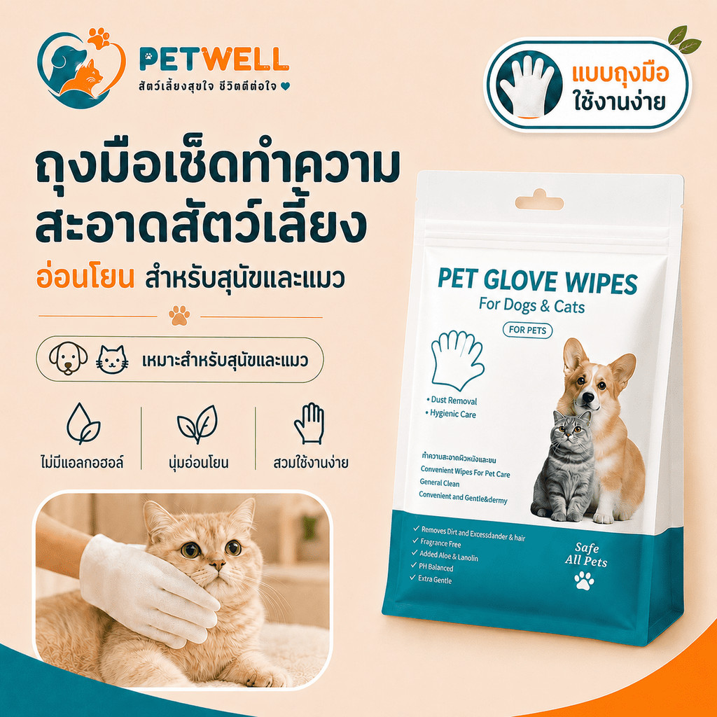 Doge&Orange ถุงมือเช็ดตัวสัตว์เลี้ยง ถุงมืออาบน้ำแมว สุนัข สูตรอ่อนโยน ไม่มีแอลกอฮอล์ ปลอดภัยกับสัตว์เลี้ยง PU165