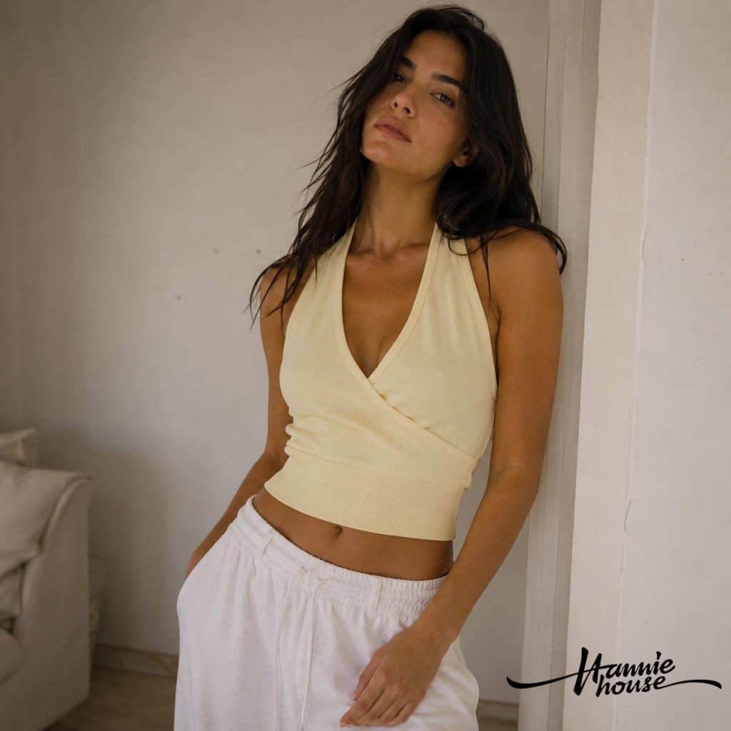 HANNIE House- Womens Summer Solid Color Slim Fit เสื้อกล้ามถักเปลือยหลัง