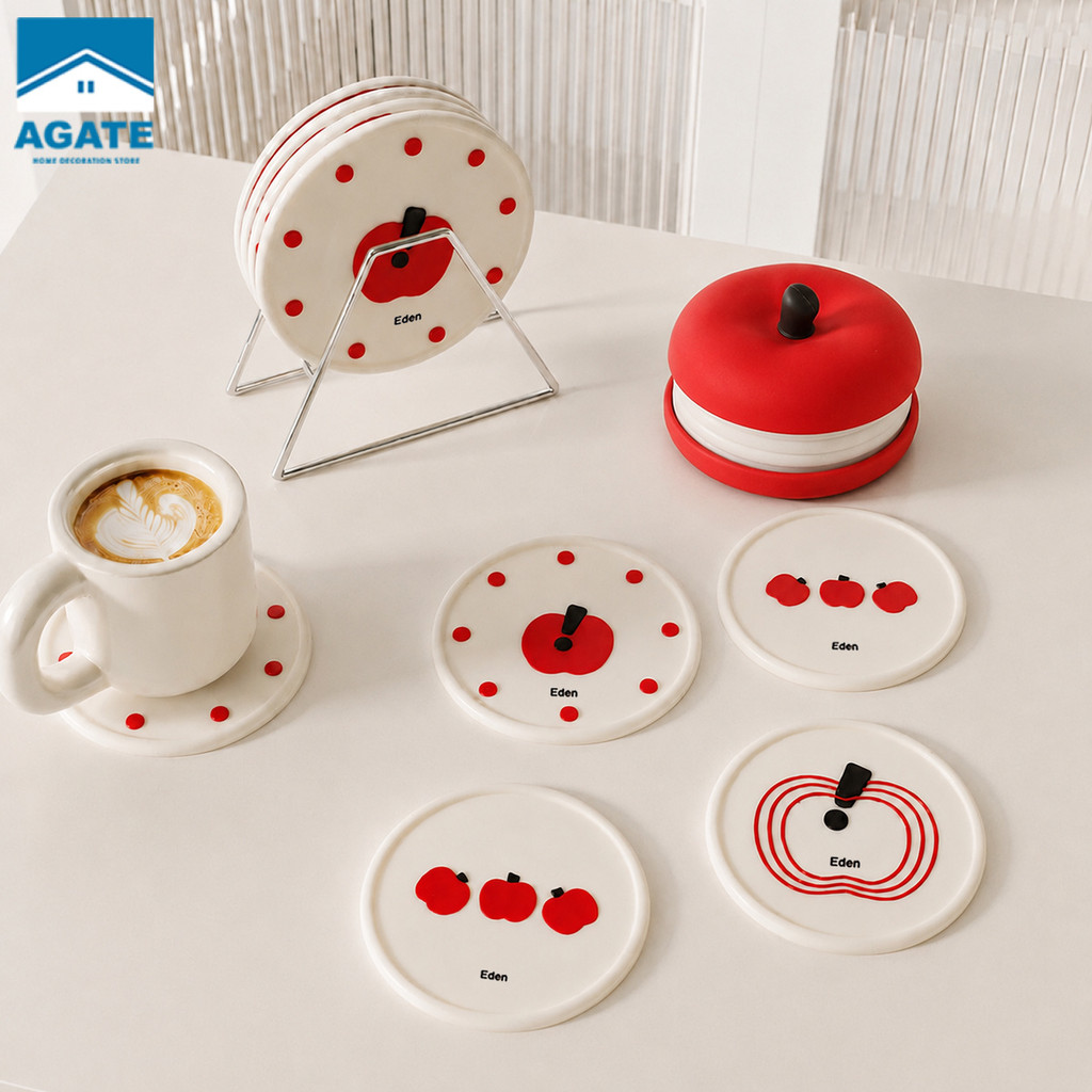 แผ่นซิลิโคนรองแก้ว 5 ชิ้น/เซ็ต Creative Apple Round Coaster ทนต่ออุณหภูมิสูงวัสดุซิลิโคนอ่อนนุ่ม กันลื่น แผ่นรองแก้ว