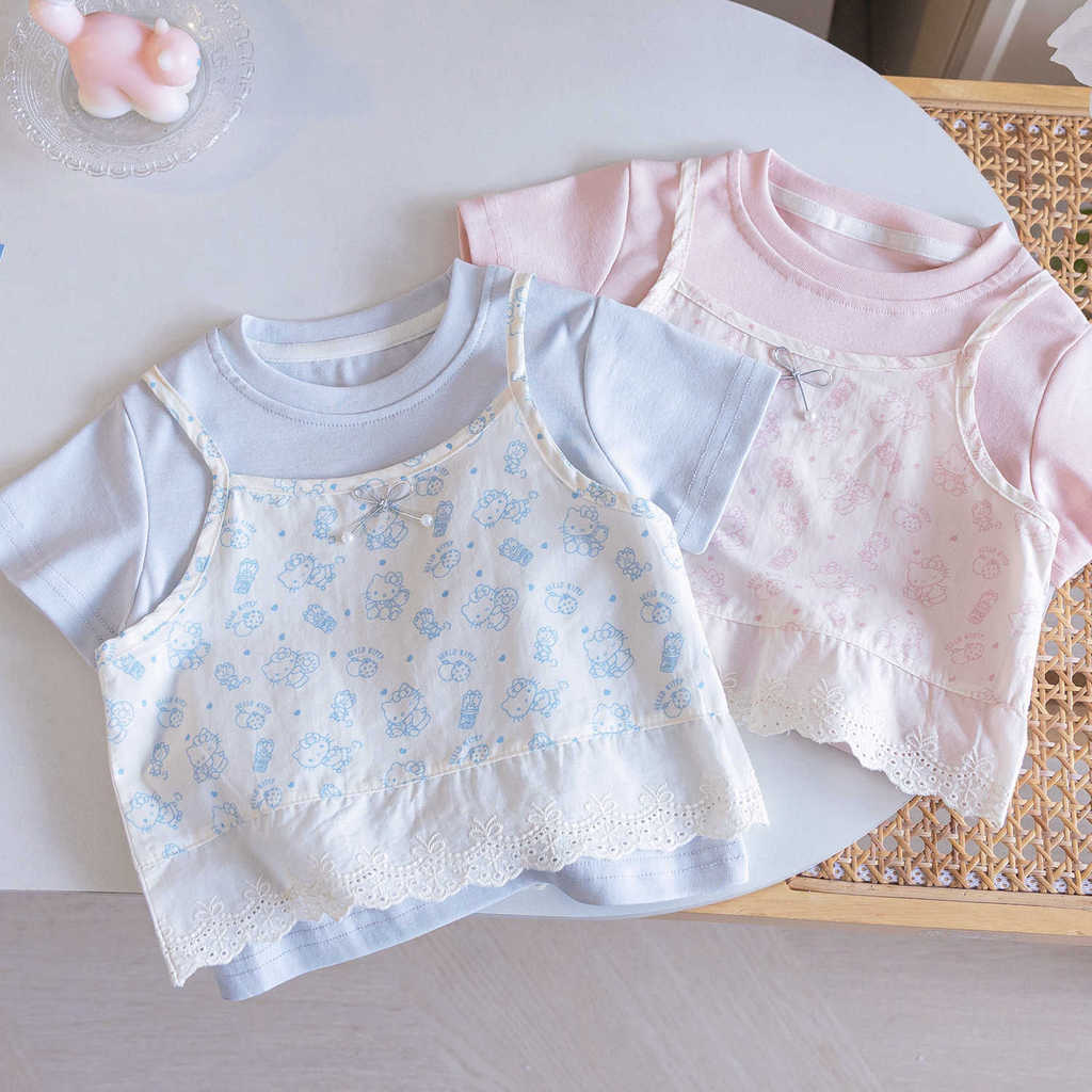การ์ตูนพิมพ์ลูกไม้ เสื้อชั้นในสตรี & ธรรมดาแขนสั้นสาวชุดสองชิ้น,ระบายอากาศเด็กหวานชุดฤดูร้อน 2607
