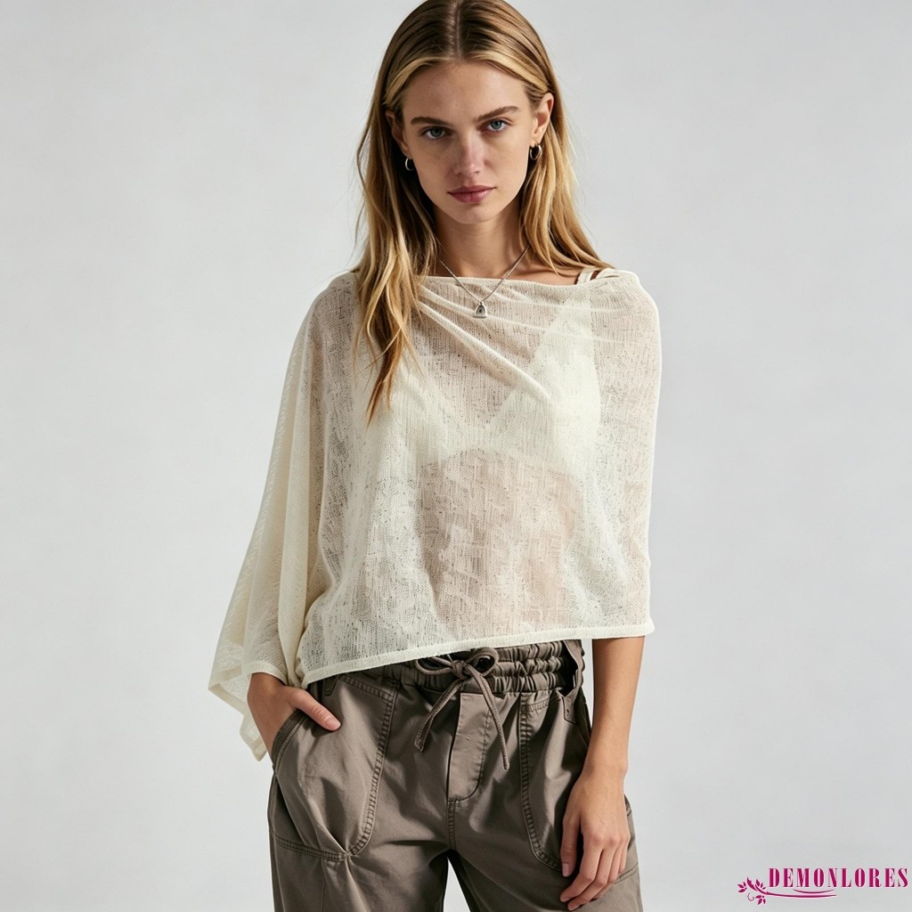 Demonlores-ผู้หญิง Sheer Flowy Poncho เสื้อแฟชั่นสีทึบคอเรือหลวม Fit Crop Cover Ups สําหรับชุดลําลอง