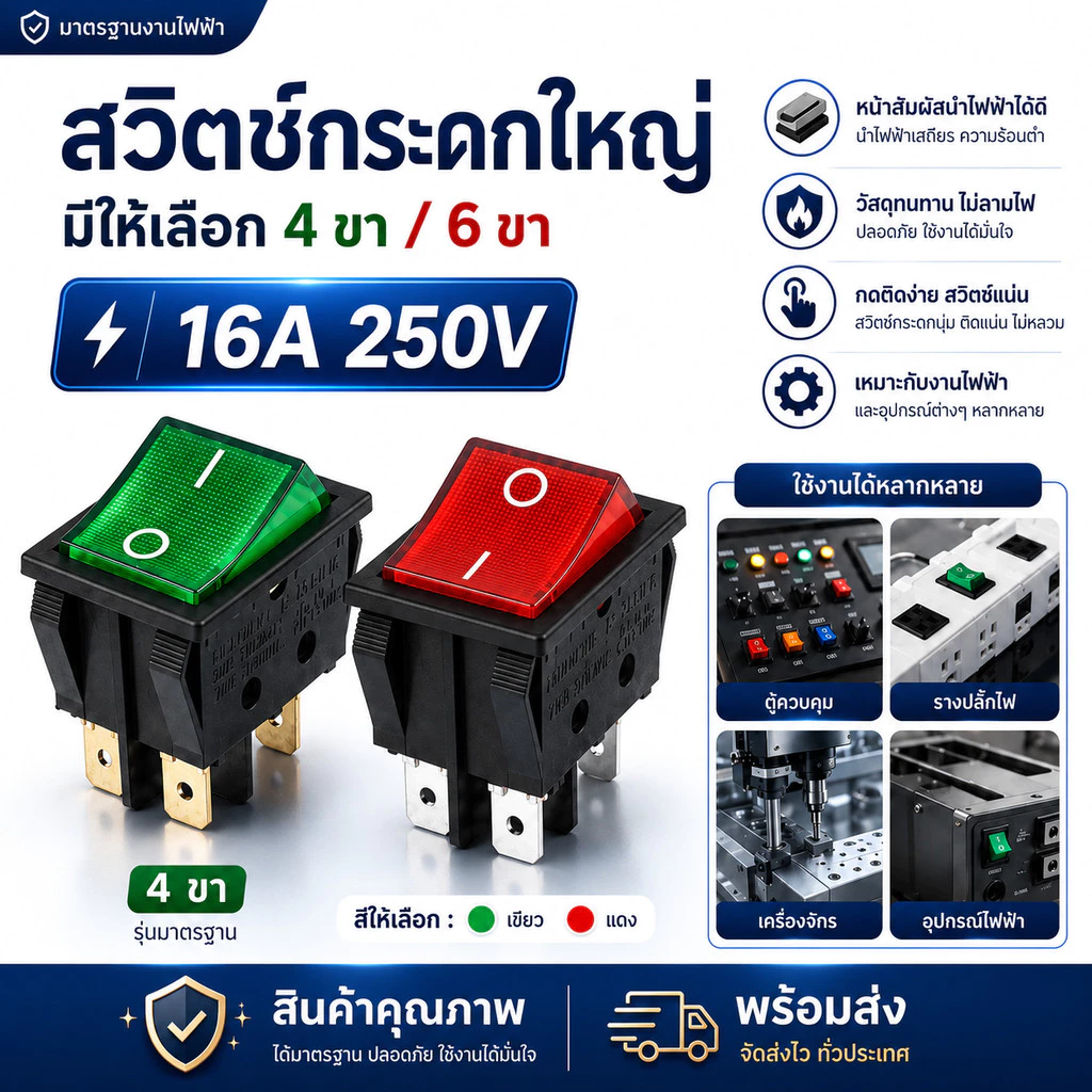 สวิตช์กระดกใหญ่มีไฟ KCD4 Rocker Switch ON-OFF 16A 250V 20A 125V 220V เลือก 4 ขา / 6 ขา สีแดง เขียว สวิทช์เปิดปิด