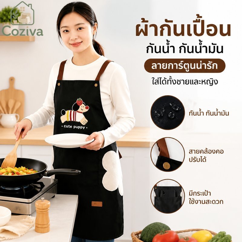 ผ้ากันเปื้อนครัวการ์ตูนเสื้อกั๊กสไตล์กันน้ํา กันน้ํามัน กระเป๋าขนาดใหญ่ปรับคอ ไม่จํากัดเพศ
