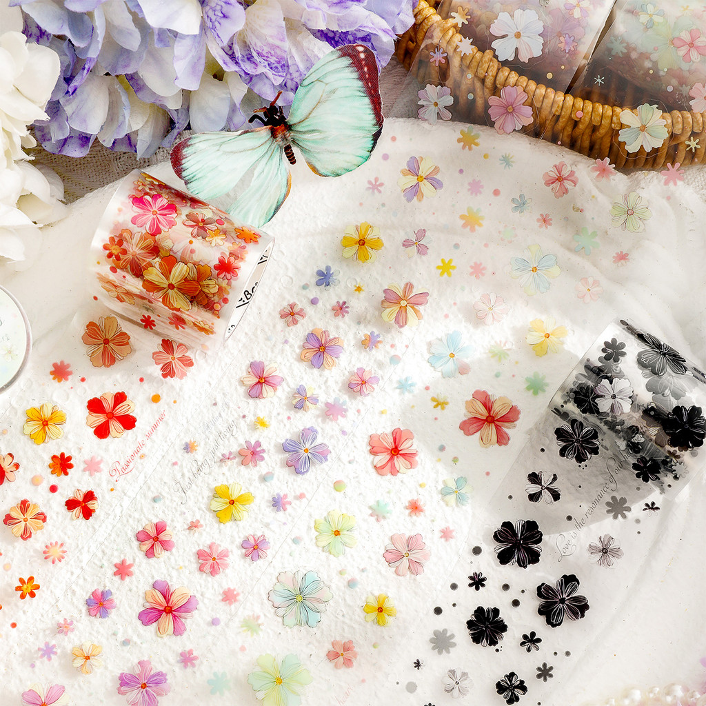 ดอกไม้ Petal Themed PET Tape Pre-Cut สติกเกอร์สมุดภาพสําหรับ Journal Supplies Planner DIY ศิลปะหัตถกรรมและห่อของขวัญ