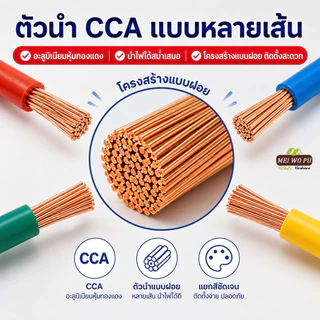 สายไฟอ่อนแกนเดี่ยว สีแดง น้ำเงิน เขียว เหลือง ตัวนำ CCA ขนาด 1.5 2.5 4 ตร มม ยาว 10 20 50 100 เมตร