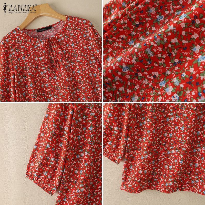 ZANZEA ใส่ ซานเซีย ผู้หญิงเกาหลีทุกวันหลวมดอกไม้พิมพ์ โอ คอ3/4แขนเสื้อคอ — صورة 8
