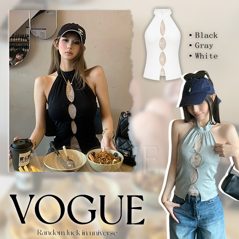 Vogue🌟พร้อมส่ง🌟 เสื้อแขนกุดมีซับลูกไม้ข้างใน ดีไซน์เซ็กซี่ผ้ายืดตามตัว ใส่สบายใส่ได้ทุกโอกาศ (2484)
