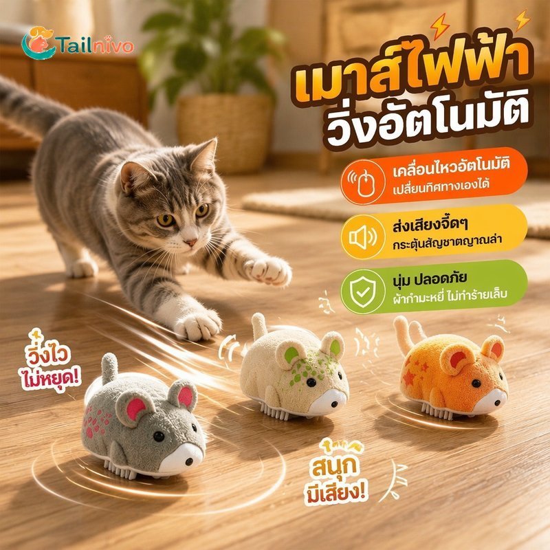 สัตว์เลี้ยงของเล่นไฟฟ้าตุ๊กตาเมาส์ของเล่นแมวโต้ตอบสุ่มย้ายเสียงนุ่มเคี้ยวปลอดภัยเบื่อบรรเทา