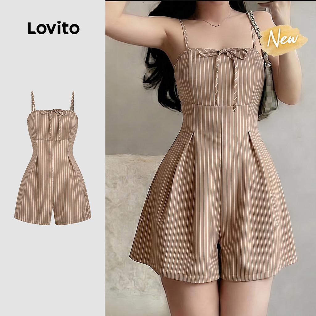 (New Arrival) Lovito จั๊มสูทลําลอง ซิป โบว์ สีกากี สําหรับผู้หญิง ฤดูใบไม้ผลิ/ฤดูร้อน LK7ED583