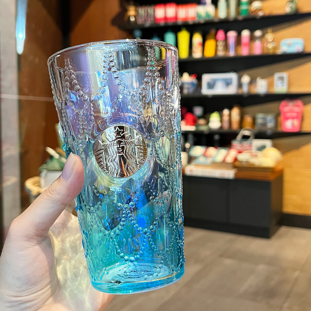 ขายร้อน Starbucks Cup 50th Anniversary Sea Blue Series Gradient Fish Scale Glass Goddess ป้ายชื่อถ้ว