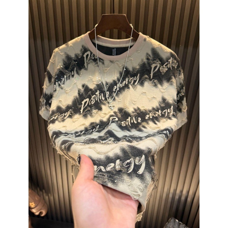 เสื้อยืดแขนสั้นผู้ชาย Gypsophila Hot Rhinestone Ripped Top รอบคอสบายๆแขนสั้นผู้ชายเสื้อยืด Bottoming