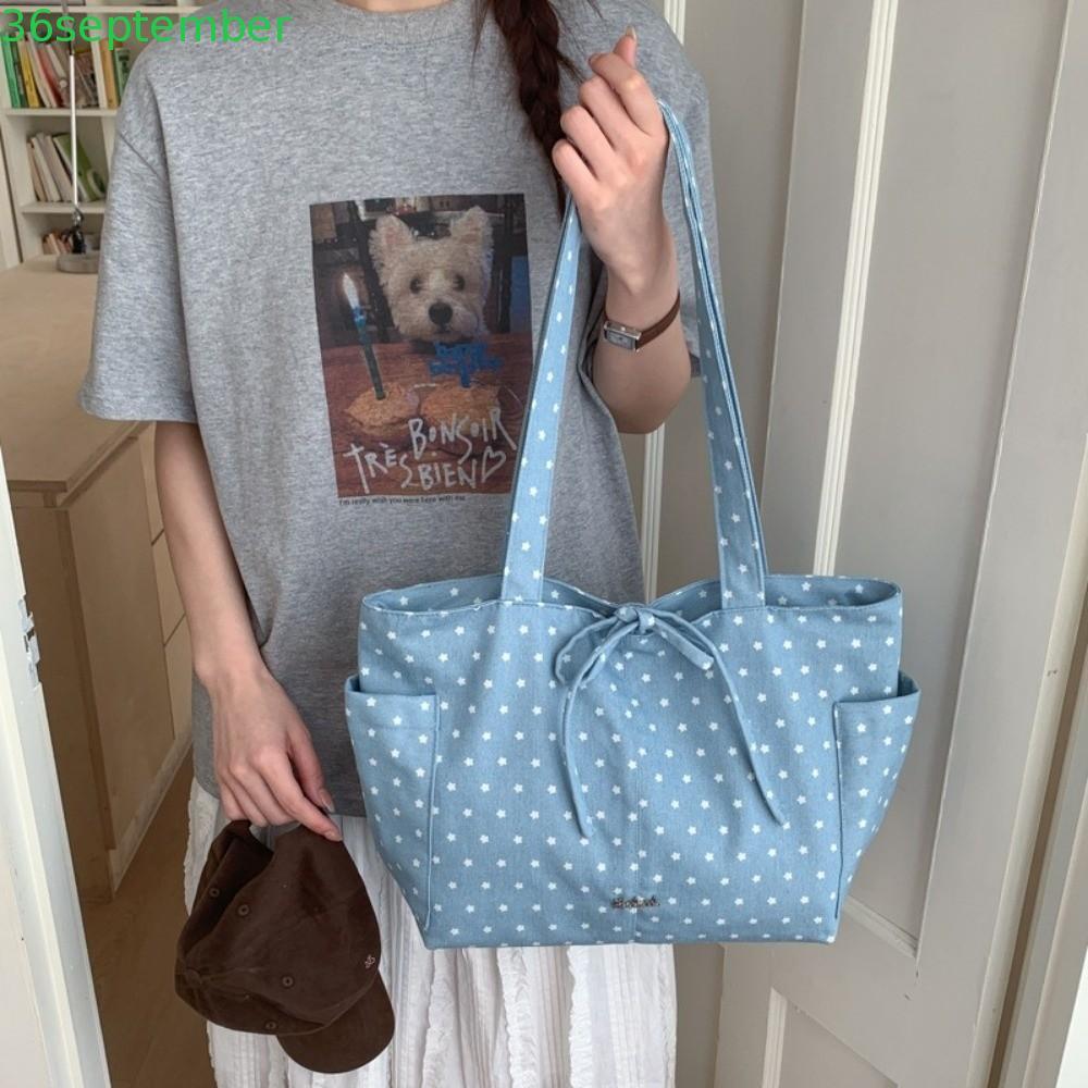 SPEPEMBER Bow Tote Bag, Canvas Casual Polka Dot Shoulder Bag, อเนกประสงค์ความจุขนาดใหญ่ Star Element