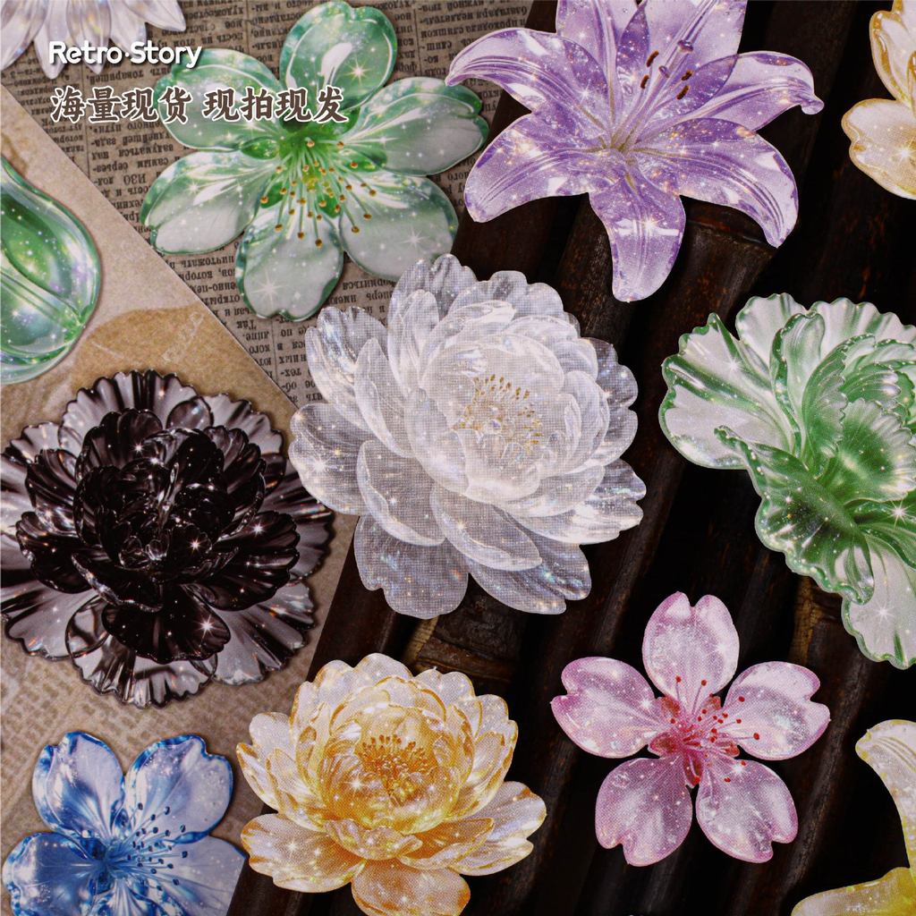 สติ๊กเกอร์ Glass Flower Letter Collection Series ขนาดใหญ่ดอกไม้คู่มือตกแต่งวัสดุสติกเกอร์ 10 ชิ้น