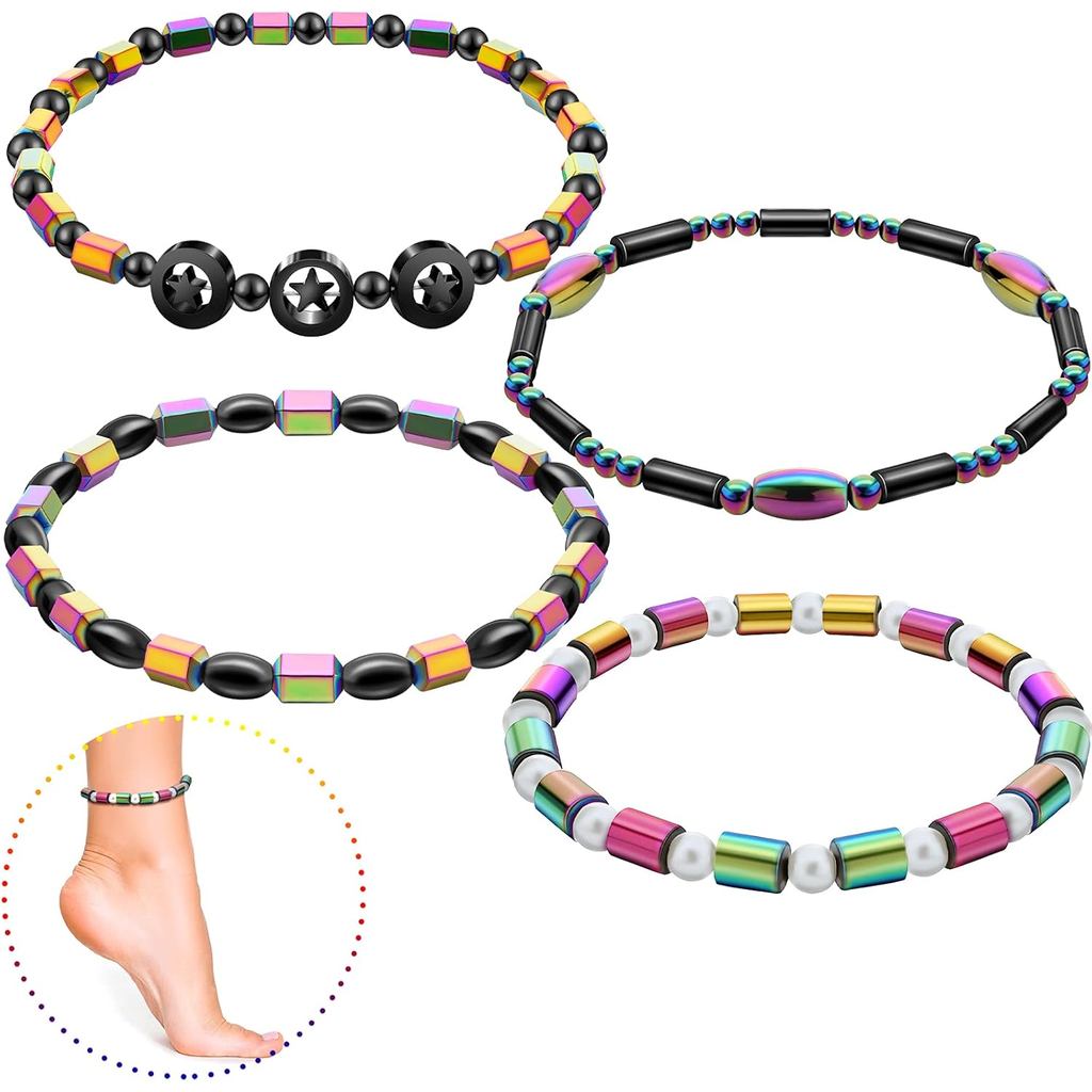 Junkin 4 ชิ้นแม่เหล็ก Hematite Anklets สร้อยข้อมือ Energy Anklets สําหรับผู้หญิงผู้ชายปรับแม่เหล็ก S