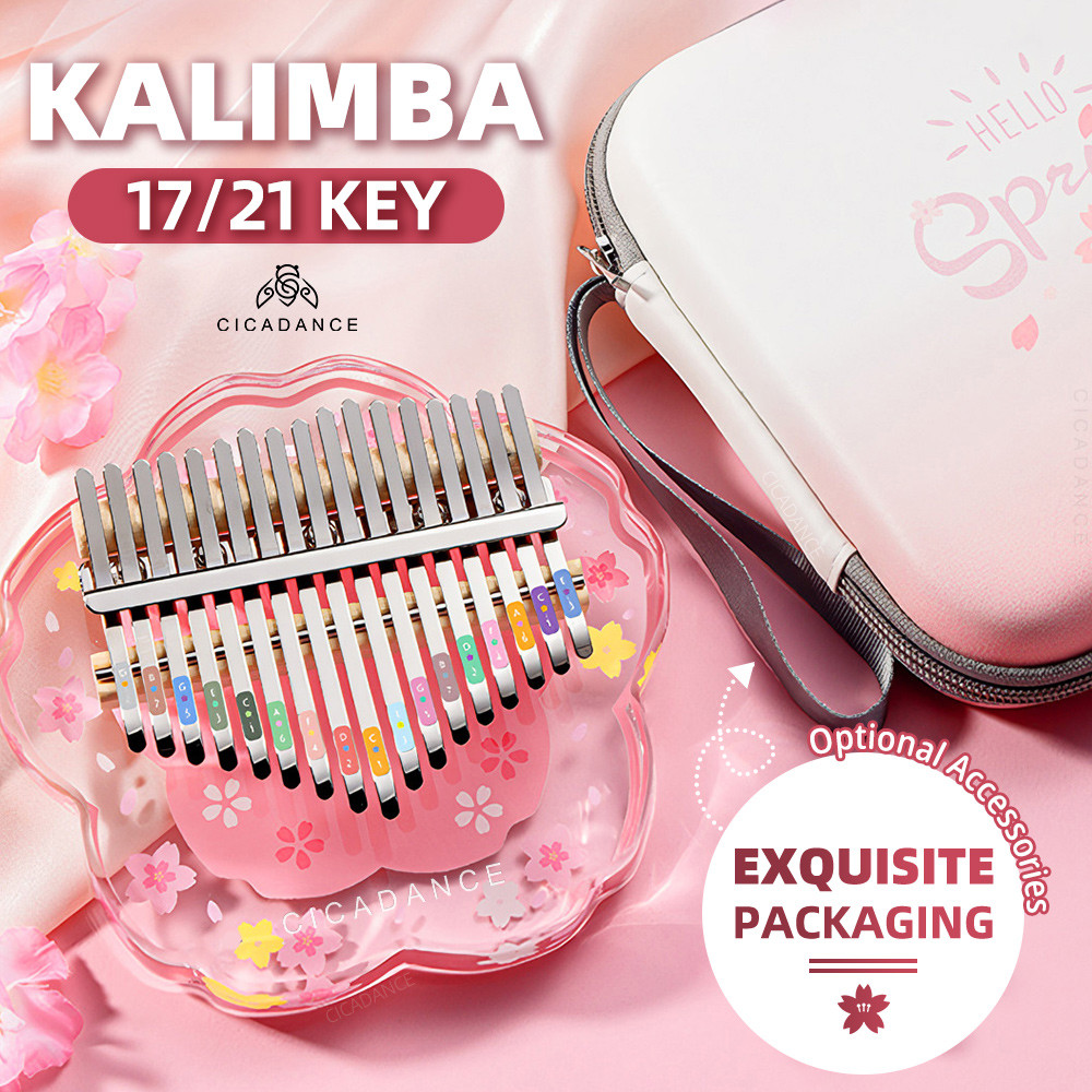 ICADANCE Cherry Blossom 17 Key Kalimba 21 คีย์ Thumb เปียโนอะคริลิคโปร่งใสพิมพ์ดอกไม้ประณีต 17/21 คี