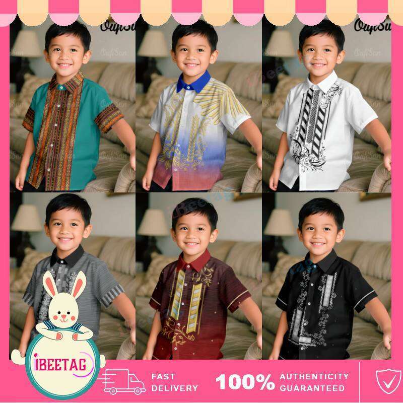 1-14 ปีเครื่องแต่งกายเด็กชาย Buwan Ng Wika Barong Tagalog เด็กแขนสั้นอย่างเป็นทางการสําหรับกิจกรรมโร