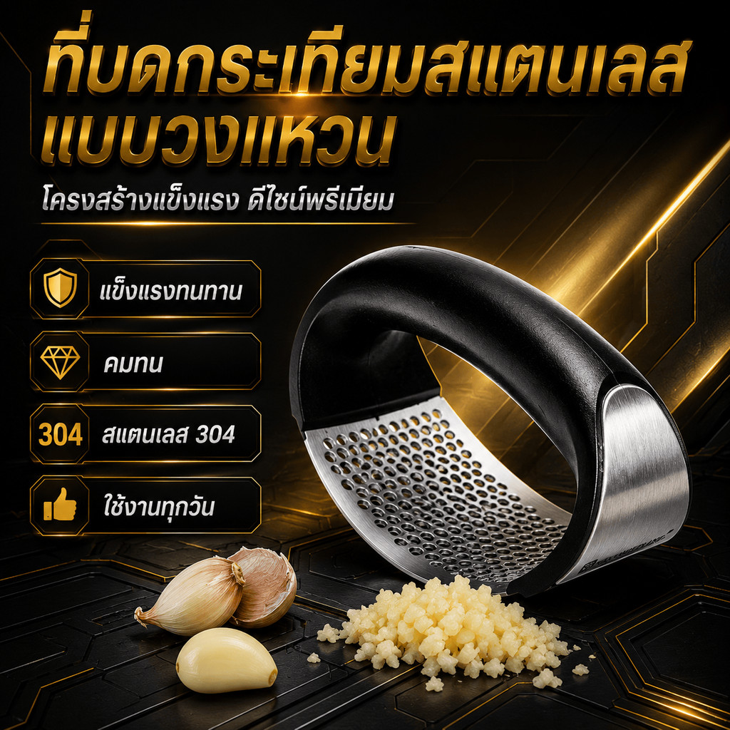ที่กดกระเทียมสแตนเลส 304 แบบพกพา ด้ามจับวงแหวน จับกระชับมือ กดโยกง่าย ล้างสะดวก เหมาะกับแคมป์และปิกนิก ใช้ทุกวัน