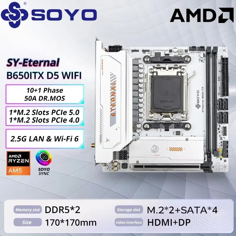 SOYO B650M เมนบอร์ด AMD AMD Ryzen AM5 DDR5 รองรับ CPU 7000 8000 9000 โปรเซสเซอร์ Pcie5.0x16 Pcie4.0x