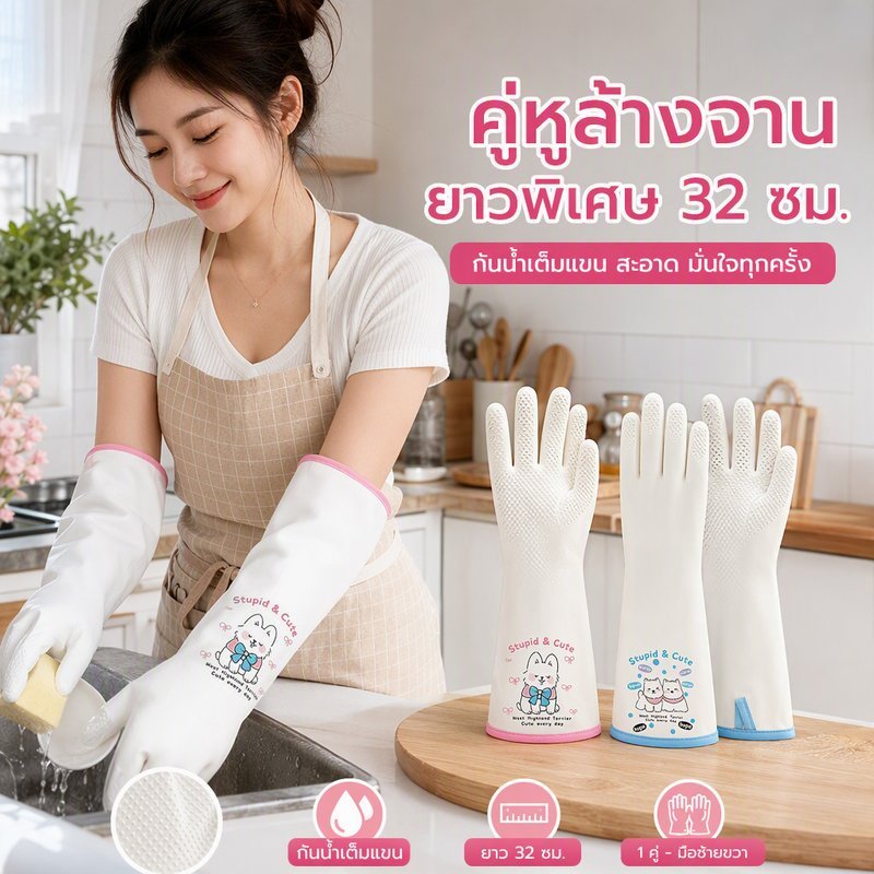 ถุงมือไนไตรล์ล้างจาน ถุงมือทำความสะอาด กันน้ำ กันลื่น แบบยาว เกรดอาหาร ใช้งานซ้ำได้