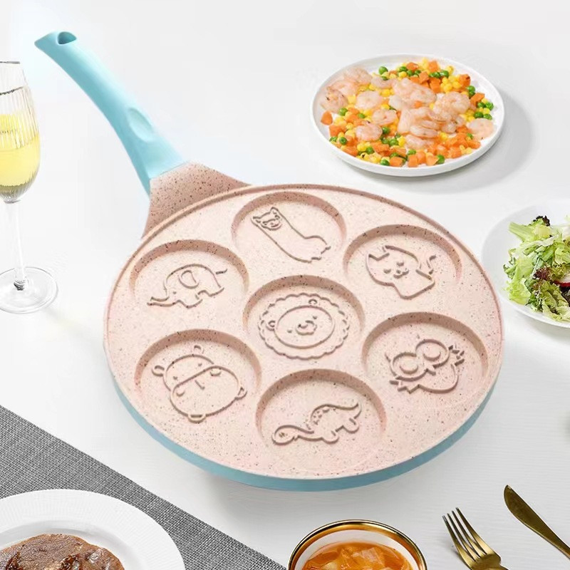 💥7-hole pancake pan household cartoon flat bottomed pan breakfast pan hamburger non stick pan frying