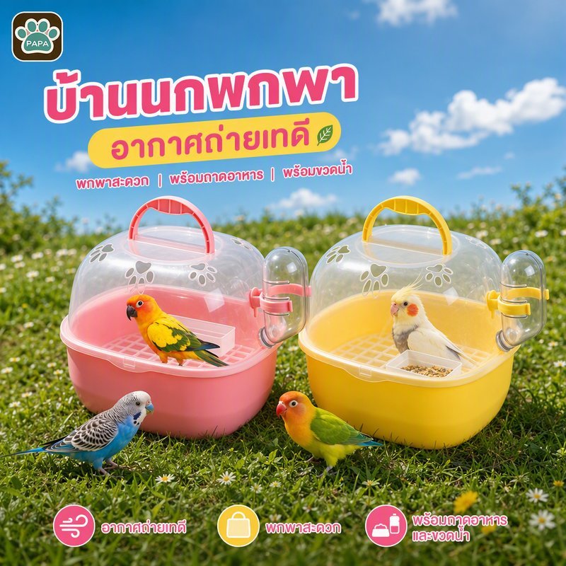 กรงนก กรงนกแก้ว ใส ระบายอากาศ กล่องอาหาร ขวดน้ำ ใช้ได้กับ นก หนูแฮมสเตอร์ สัตว์เล็ก