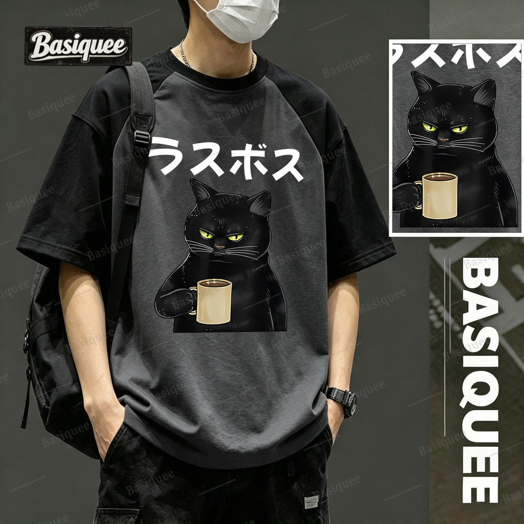 Basi เสื้อยืด Oversize เสื้อทูโทน คอตตอน100% เกรดพรีเมียม ไม่หดตัว - ลาย "CAT Coffee"