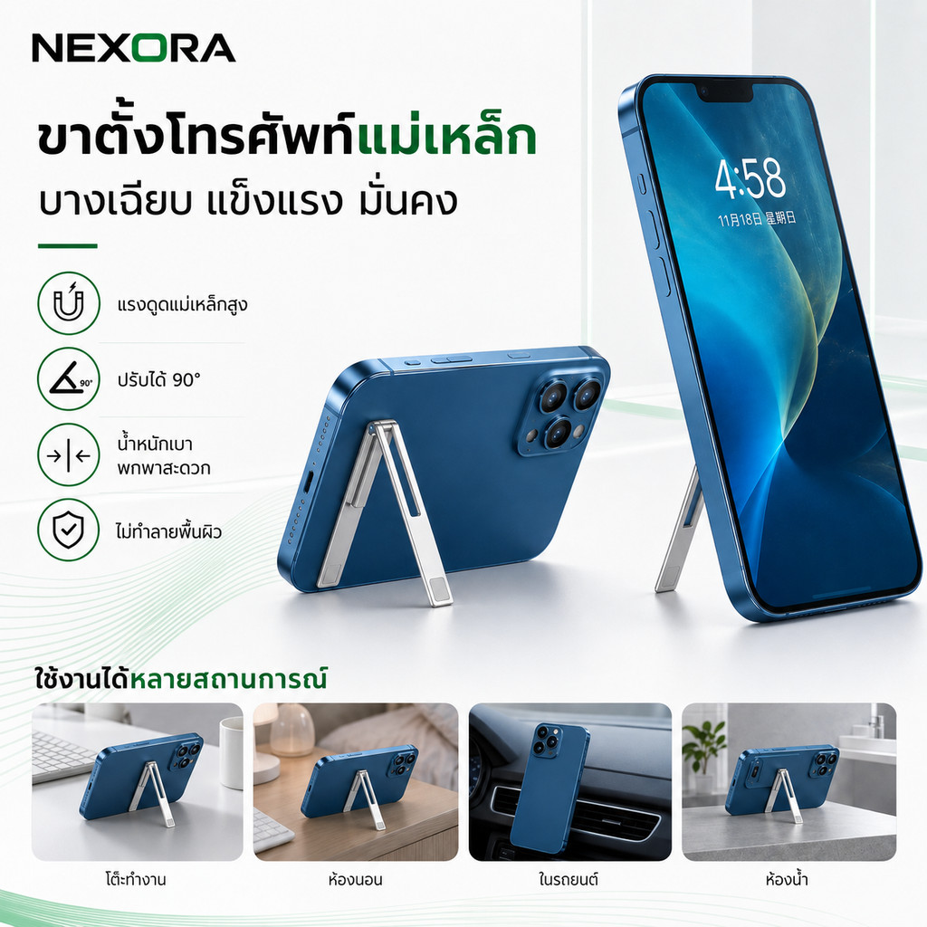 NEXORA  ขาตั้งโทรศัพท์แม่เหล็ก Magsafe อัลลอย บางพิเศษ พับได้ ปรับมุมได้ ไม่บังมือ ME204