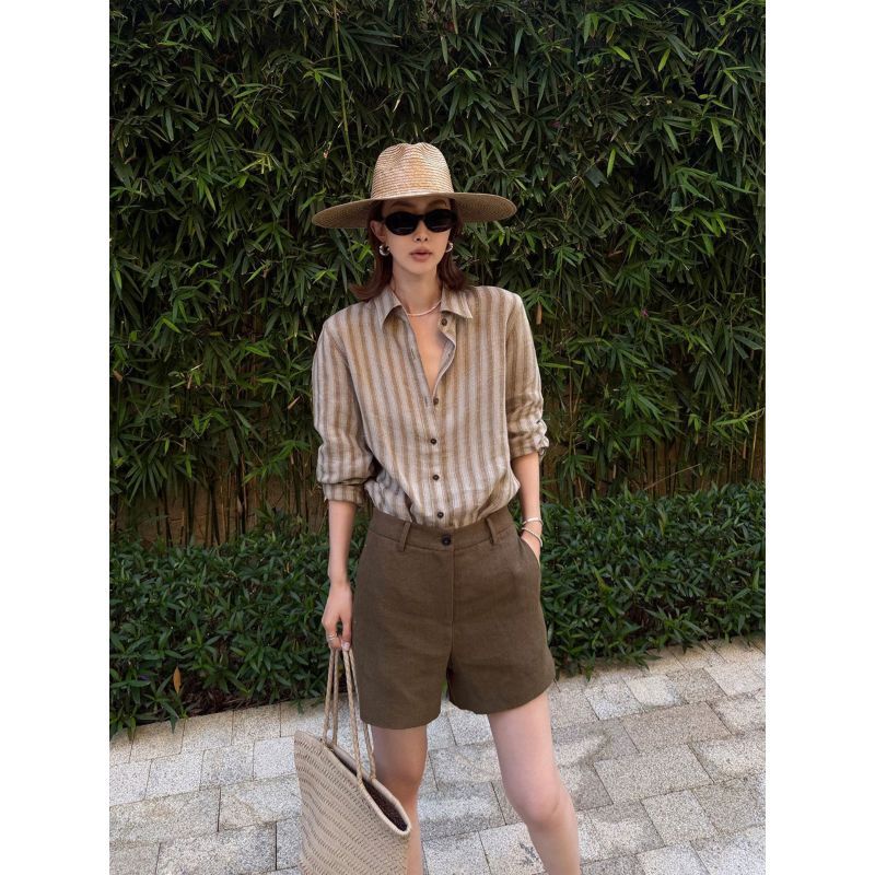 Old Money Style All-Match เสื้อเชิ้ตลายผู้หญิงฤดูใบไม้ร่วงหลวมสบายๆครีมกันแดดเสื้อยาว @