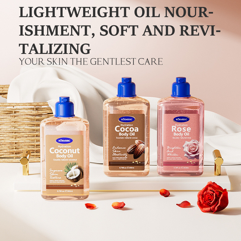KORMESIC Hydration Body Oil 260ml, 3 กลิ่น‐Rose, Coconut, Cocoa, Deep Moisturizing Massage Oil, ปรับปรุงผิว Texture & Boosts ผิวความยืดหยุ่น