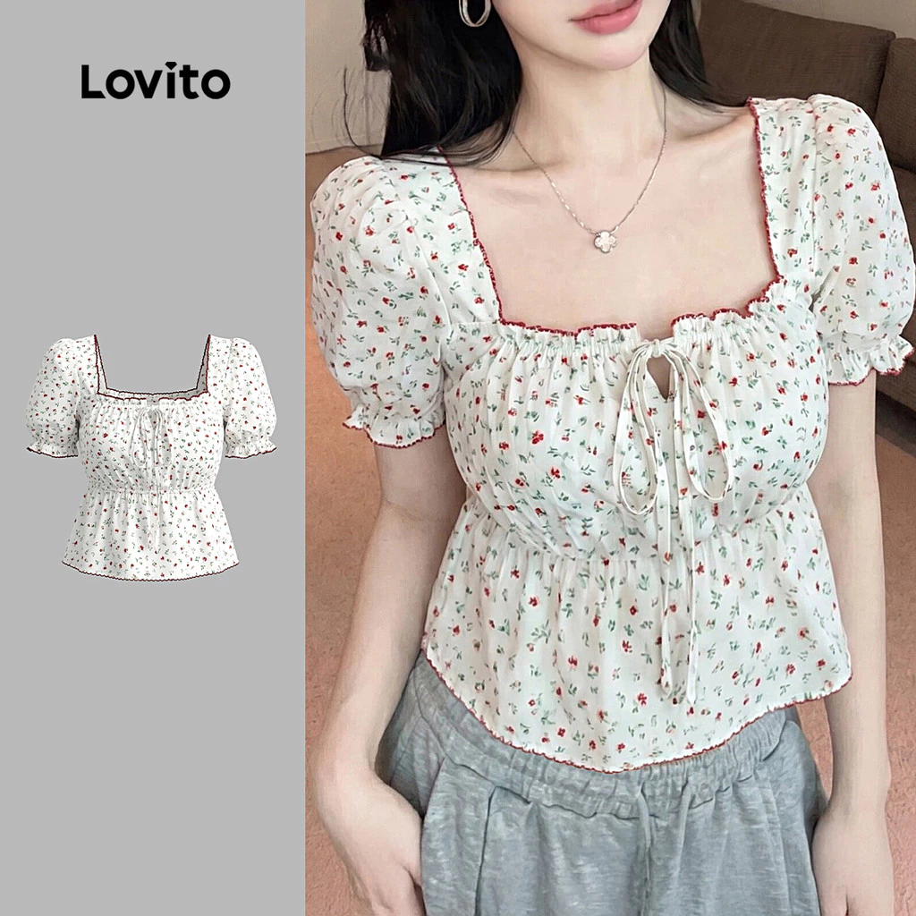 (New Arrival) Lovito เสื้อเบลาส์ลําลองผูกด้านหน้าแบบสบาย ๆ สําหรับฤดูใบไม้ผลิ/ฤดูร้อนของผู้หญิง เกาหลี อินเทรนด์ LK7AD1071