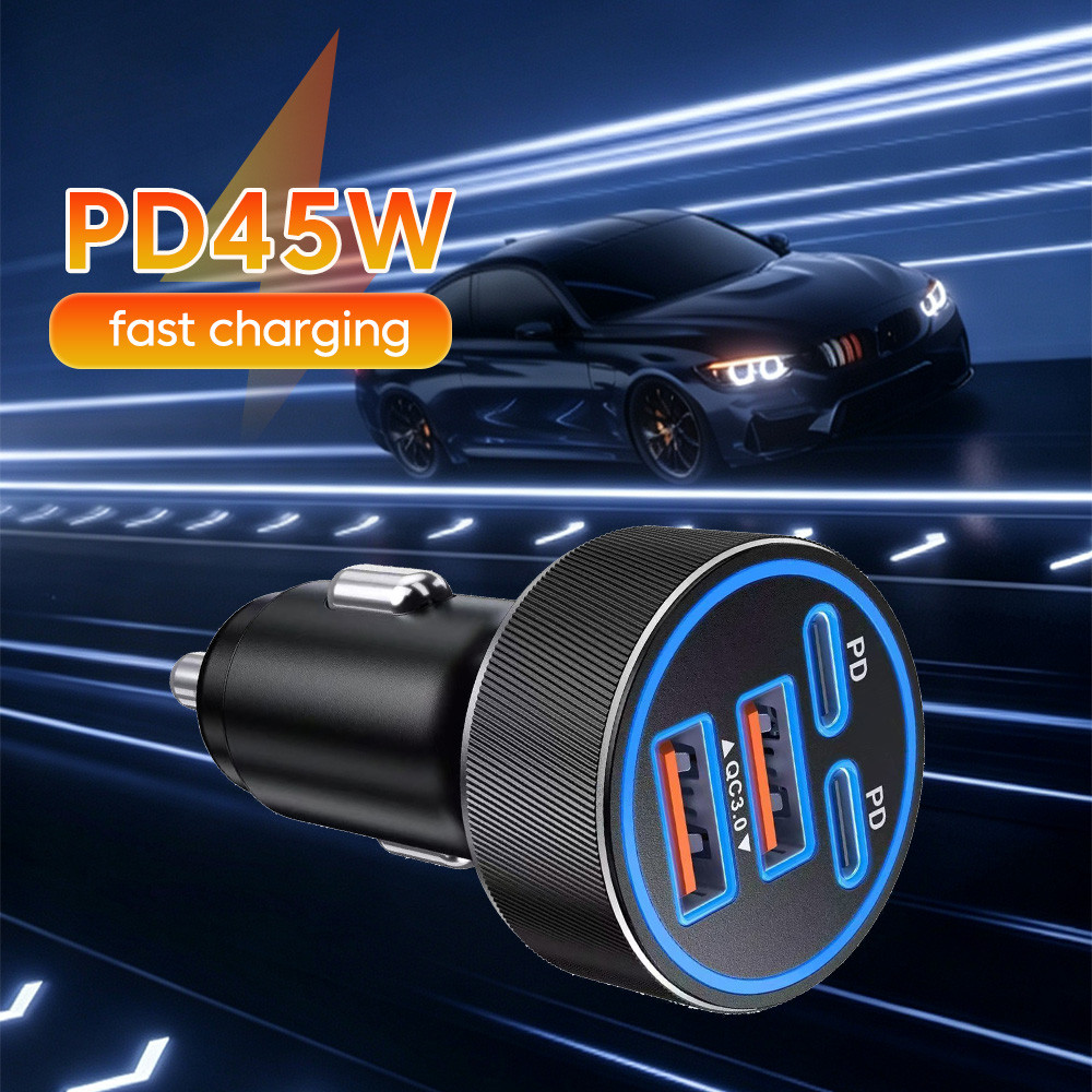 USB Car Charger 45W PD Fast Charging 4 พอร์ต Dual PD 45W + Dual QC อะแดปเตอร์สําหรับโทรศัพท์มือถืออุ