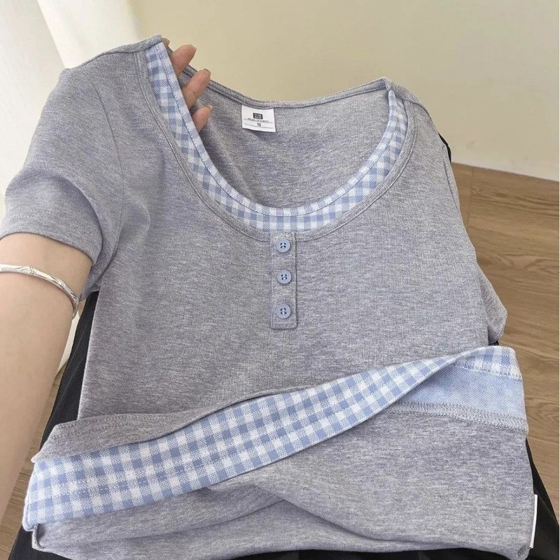 LUNA~Xเวอร์ชั่นเกาหลี คอกลม ตาราง ประกบ เสื้อแขนสั้น เสื้อเชิ้ต รุ่นใหม่ สไตล์หวาน