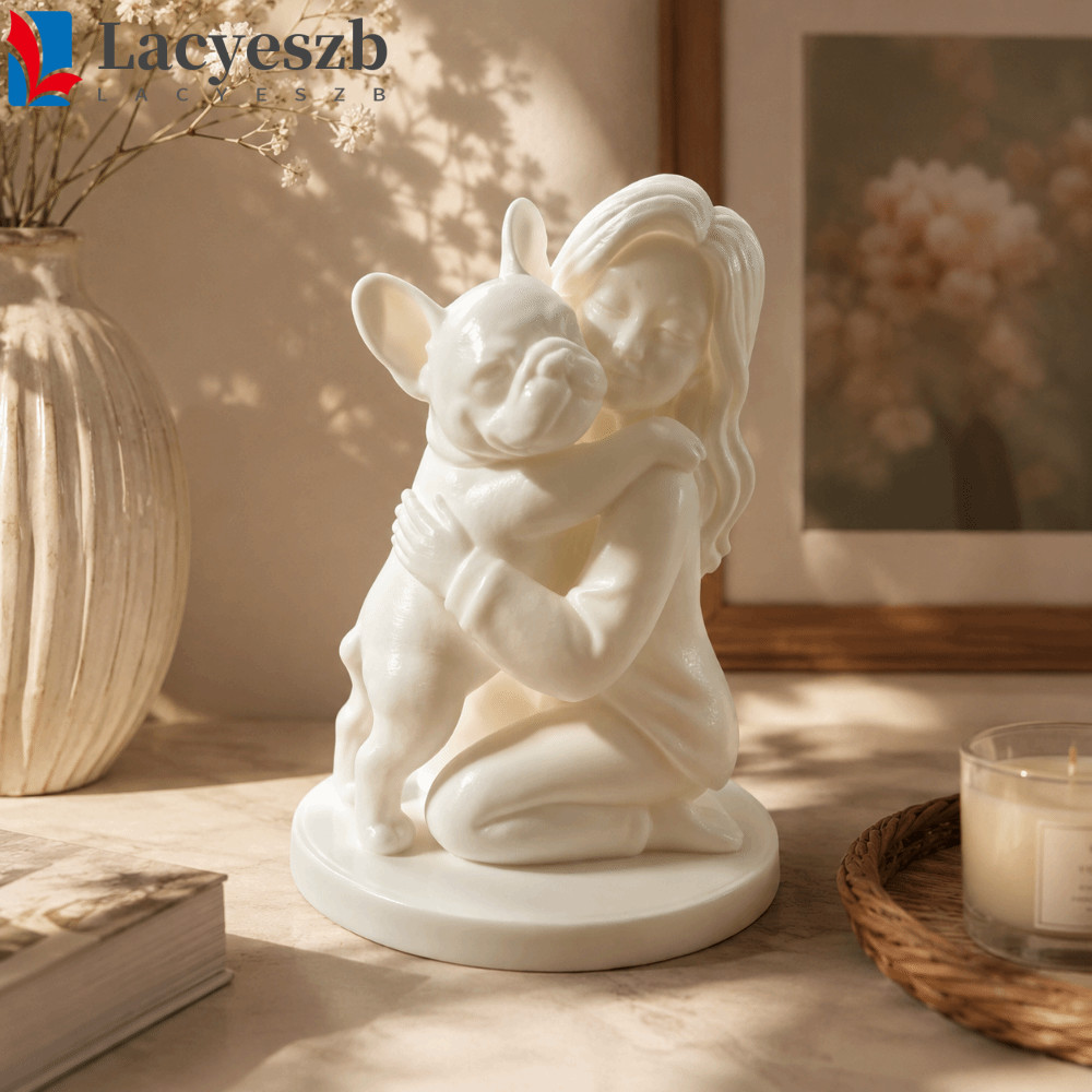 LACYESZB สาวและสุนัขประติมากรรม, 3D พิมพ์ Nordic-Style Bulldog Figurine, Canine รูปปั้นหัตถกรรมตกแต่งสร้างสรรค์น่ารักสุนัขรูปปั้นห้องนั่งเล่น