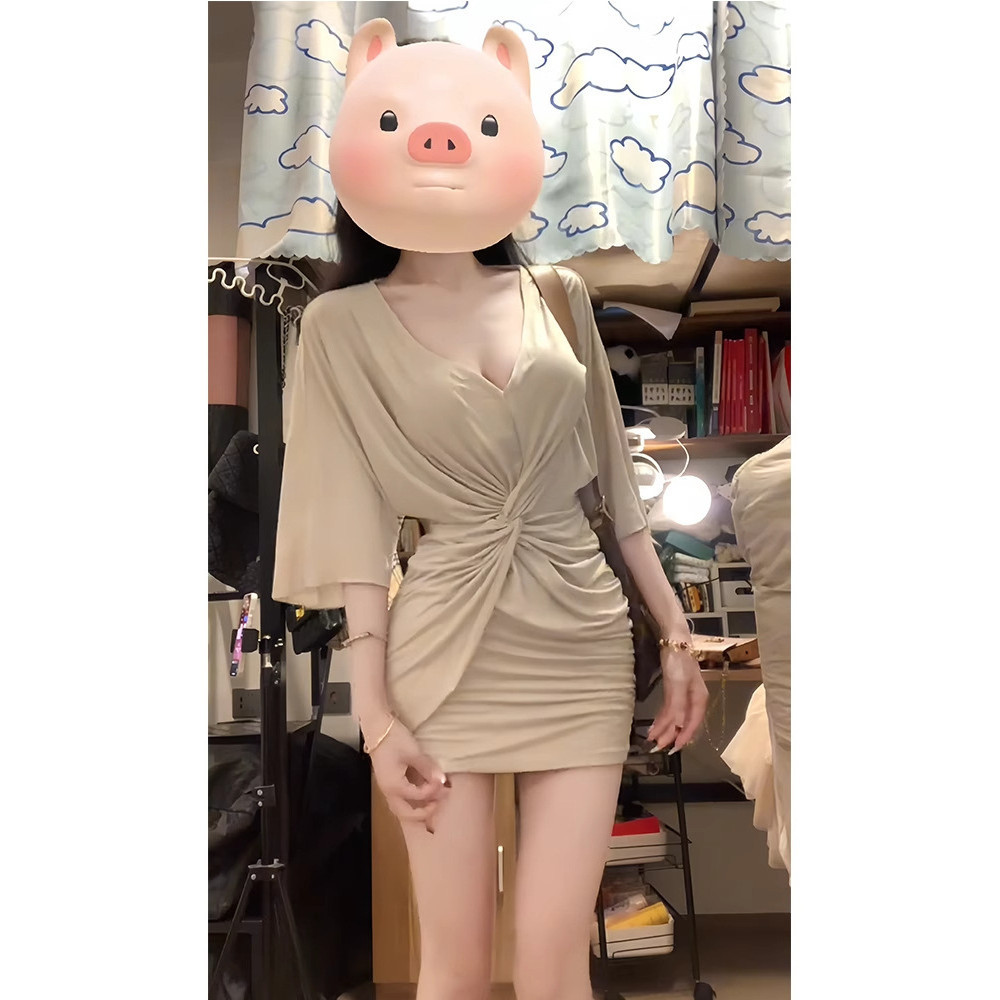 【ks1176.th】 梦梦家微胖mm纯欲辣妹风V领短袖连衣裙女夏季新款收腰褶皱弹力包臀短裙Slight Fat Girl's Pure Desire V-Neck Short-Sleeved Dre
