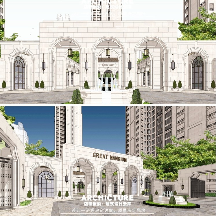 เสาทางเข้าคลับวิลล่าคลาสสิกฝรั่งเศส Gallery Arch Voucher โรงแรมรีสอร์ท สเก็ตช์หลักรุ่น SU