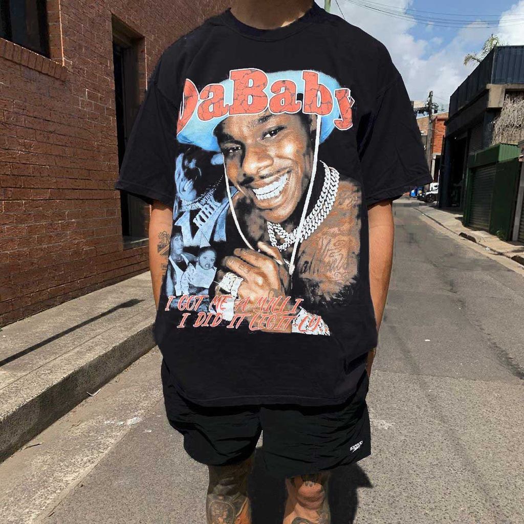 Dababy Vintage Rap Tee Big Baby Hip Hop Rap Retro Portrait แขนสั้น