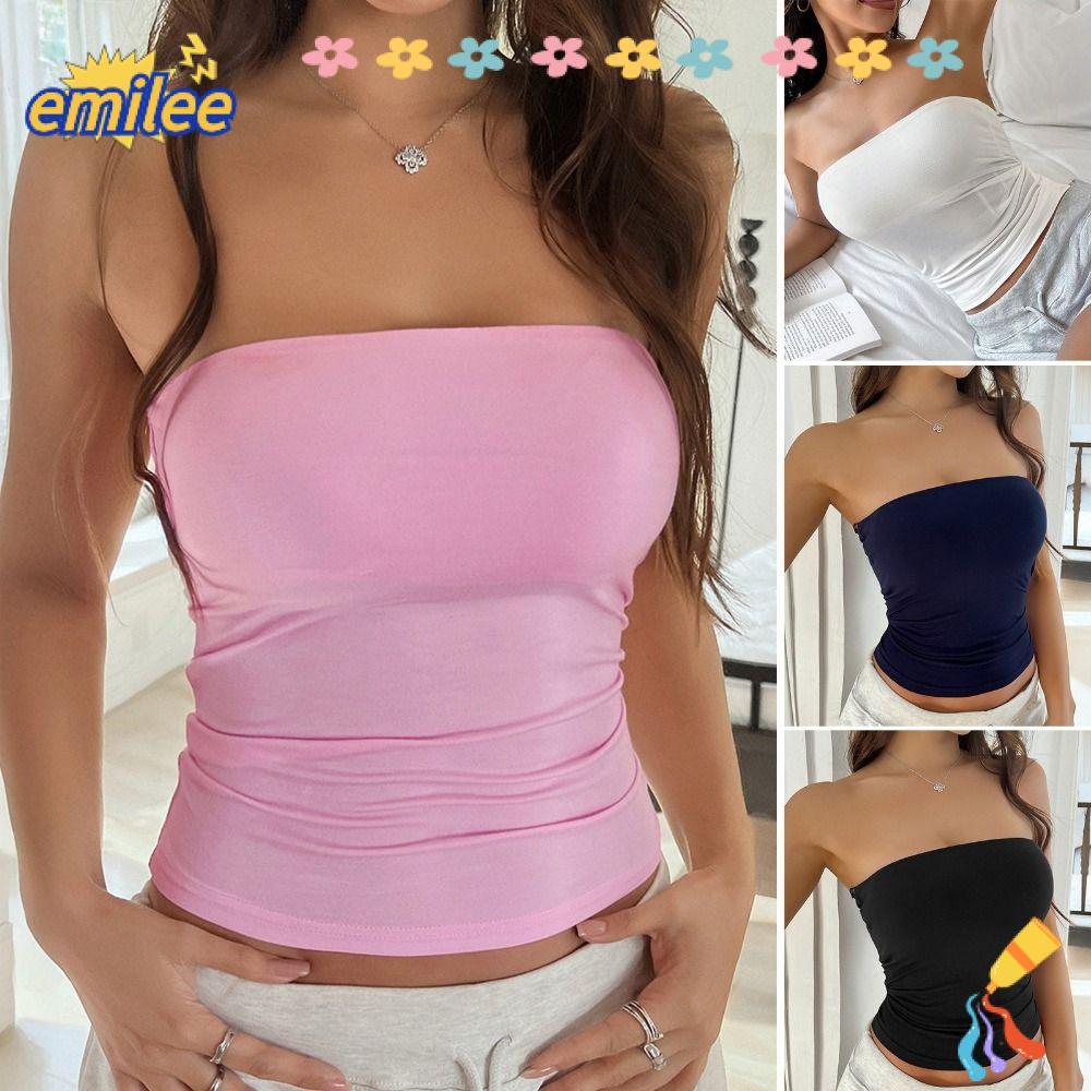 EMILEE ถัก Bandeau Top,แขนกุดตัด Body-Hamping Fit Strapless Tube Top,สีทึบ Ruched ด้านข้างเปิดกลับผู