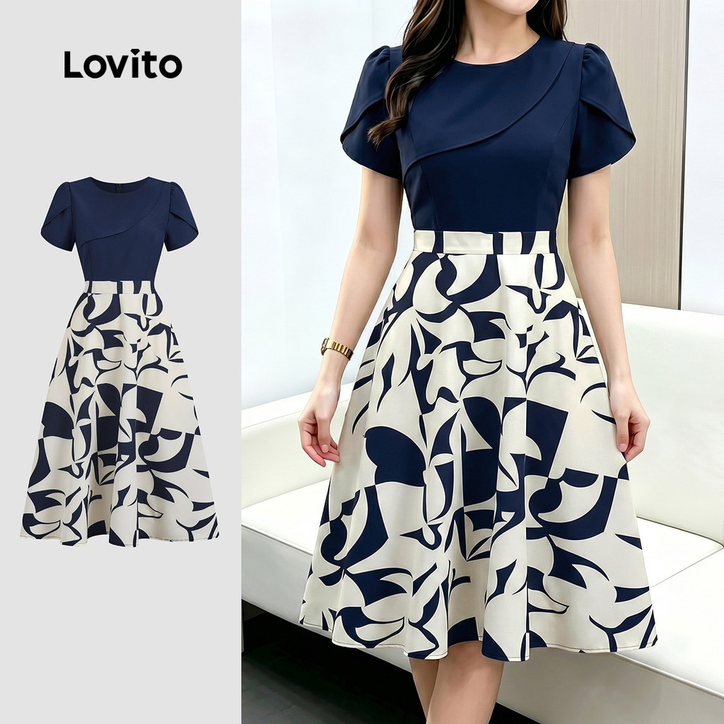 (New Arrival) Lovito เดรสผู้หญิงลายดอกหรูหรา สําหรับใส่ทํางานหรือเดินทางลําลอง สไตล์สปริง/ซัมเมอร์ เกาหลี อินเทรนด์ L195AD316