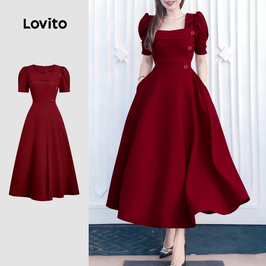 Lovito สง่างาม เดรสทรงไม่สมมาตร สวมใส่สบายแต่ดูดีมีสไตล์ เดรสสีแดงเลือดหมูสำหรับฤดูใบไม้ผลิ/ฤดูร้อนสำหรับผู้หญิง L158ED1134