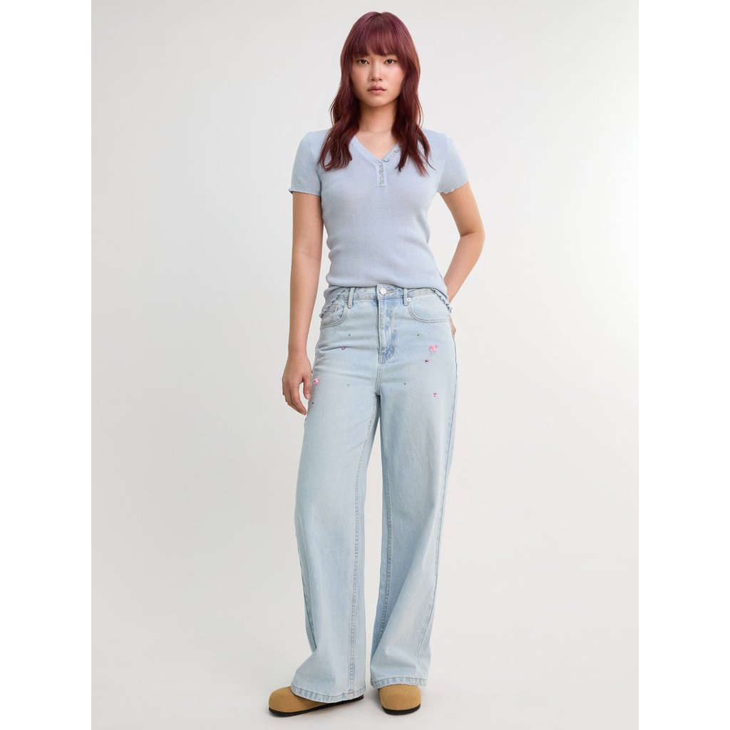[Pomelo] กางเกงยีนส์ขายาวทรงกว้างประดับเพชร / Rhinestone Mid Waist Wide Leg Jeans — صورة 3