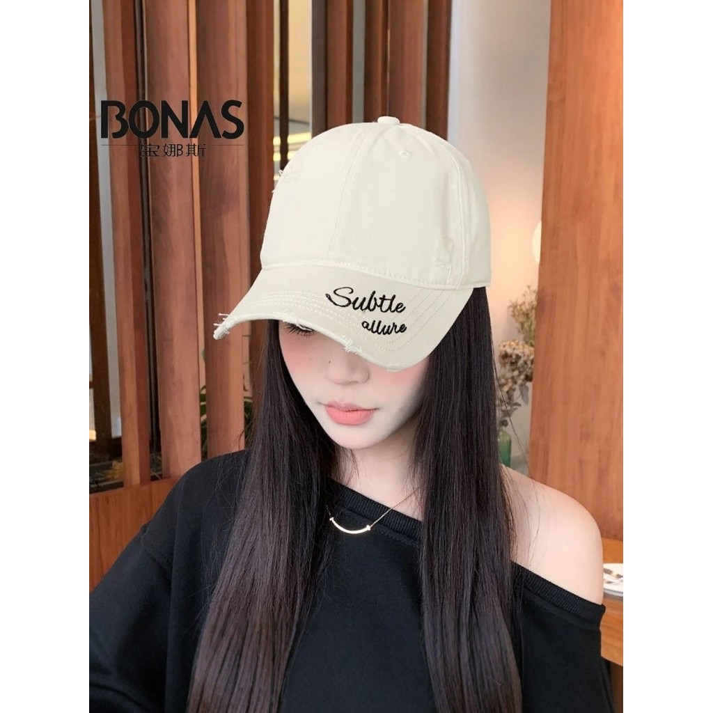 BONAS ปักเบสบอลหมวกญี่ปุ่นเกาหลีปัก Rotten Edge Distressed Casual Retro แฟชั่นหมวกเกาหลี