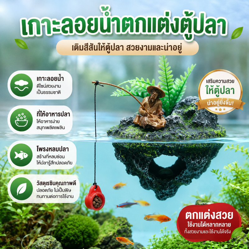 ของตกแต่งตู้ปลา เกาะลอยน้ำ ตุ๊กตาชาวประมง ที่ให้อาหารปลา โพรงหลบปลา อุปกรณ์ตกแต่งตู้ปลา