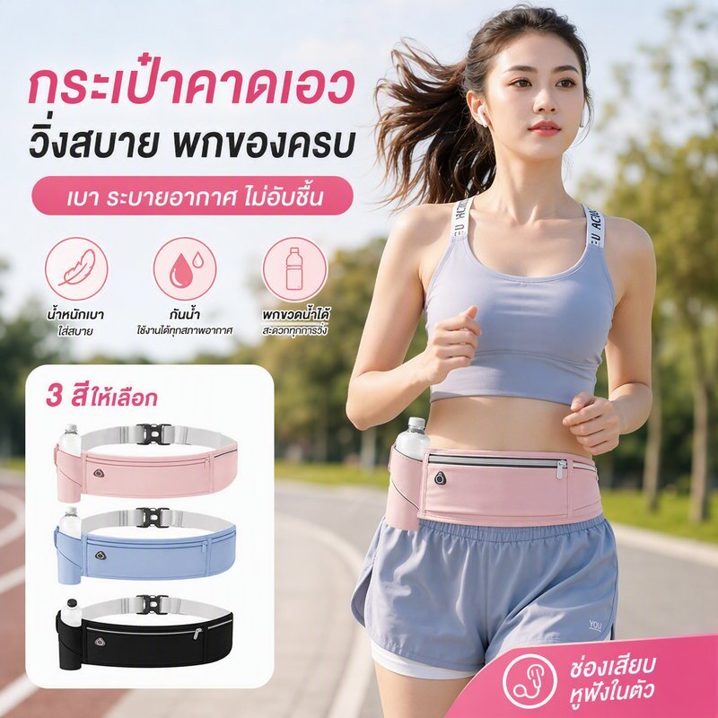 กระเป๋าคาดเอววิ่ง กันน้ำ น้ำหนักเบา ช่องใส่มือถือ กระเป๋าวิ่งจ๊อกกิ้ง ที่แขวนขวดน้ำ แถบสะท้อนแสง
