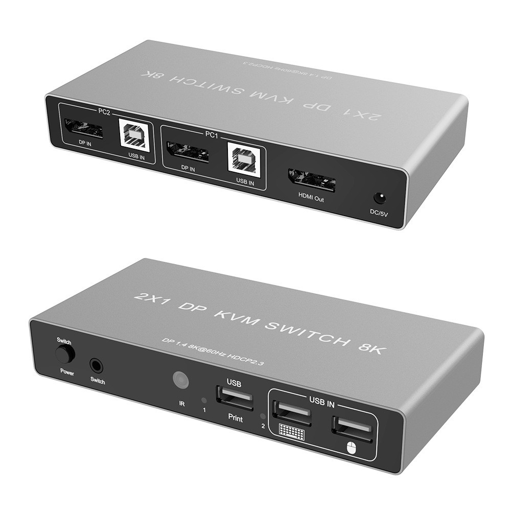 DisplayPort 1.4 KVM Switch 2 in 1 Out, 8K@60Hz, DP with USB 2.0 Switcher, for Keyboard Mouse Printer